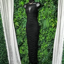 Princess Polly Dress Size 2 Black Ruched Bodycon Maxi  Spaghetti Straps 3392