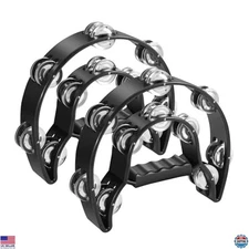 Flexzion Double Row Metal Jingles Tambourine - Ergonomic Handheld 2-Pack Black