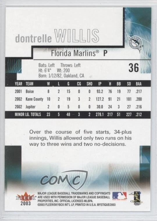 2003 Fleer Mystique Dontrelle Willis #36 - Image 2 of 2