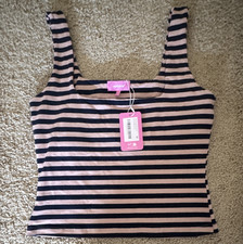 Womens Pink & Navy Striped Cropped Scoop Neck...
