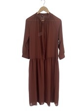 Uniqlo Chocolate Brown Long Sleeve Sheer Midi Dress S NWT Tie Neck