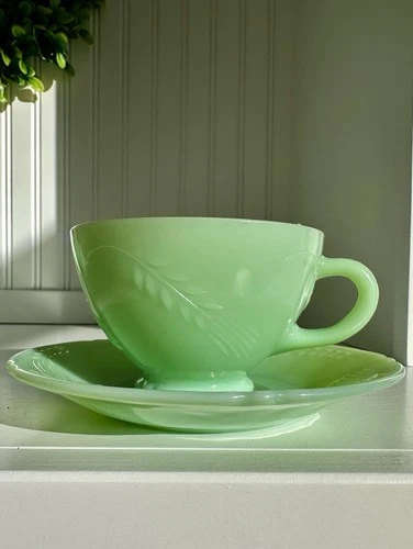 Rare Vintage Fire King Jadeite Sheaves of Wheat SOW Cup and Saucer