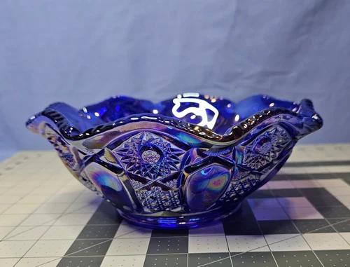 Vintage L.E. Smith Quintec 8.5" Cobalt Blue Iridescent Carnival Glass Bowl Lot A