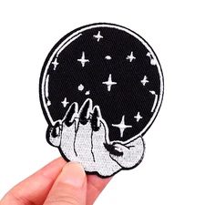Hand holding Crystal Ball Embroidered Iron on Patch/Applique/Black 3" x 2.25"