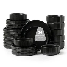 24 Piece Dinnerware Set,Bold Black Dish Set with Plates and Bowls for 8 – Pre...