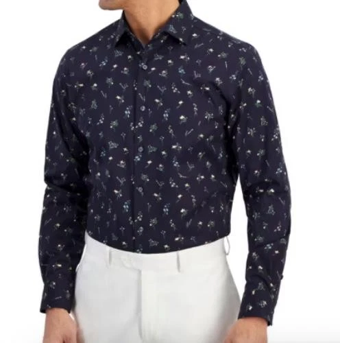 slim fit dress slacks Non-Iron Cotton Floral Dress Shirt With Contrast Trim