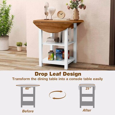 Folding Round Dining Table Drop Leaf Table with 2 Shelves for Small Spaces