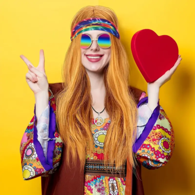 6 pc 60's 70's Hippie Costume Accessories /Wig/Glasses/Necklace