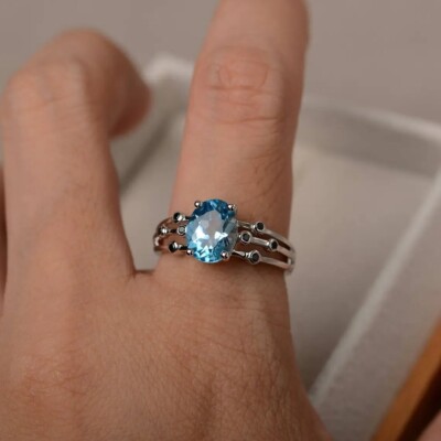 Blue Topaz Women Ring Oval Cut Natural Gemstone 925 Sterling Silver ...