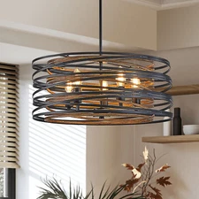 20" Retro Wood Chandelier Drum Hanging Pendant Farmhouse Ceiling Light Fixtures
