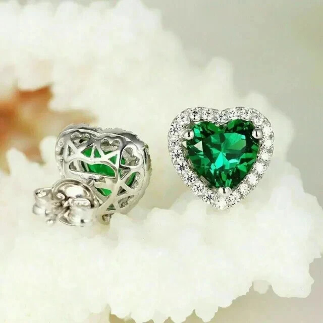 2.30 Ct Heart Cut Simulated Emerald Women's Stud Earring 14K White Gold Plated