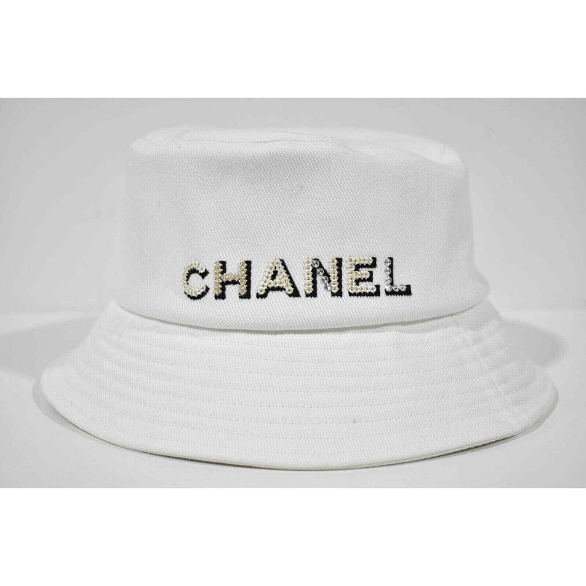 Chanel 22P White Ivory Denim Crystal Sequin Logo Sun Cloche Bucket