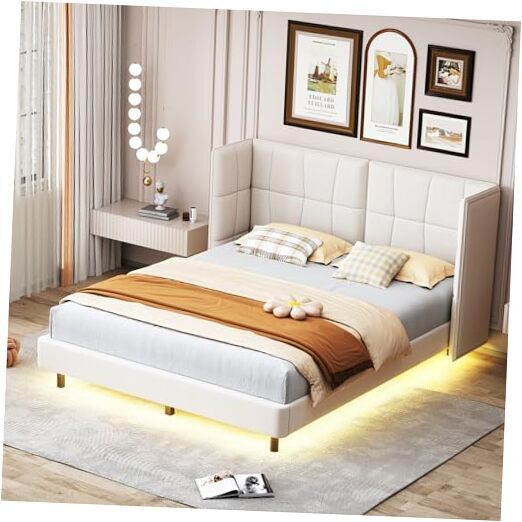 Queen Size Upholstered Platform Bed with LED Lights and U-Shaped