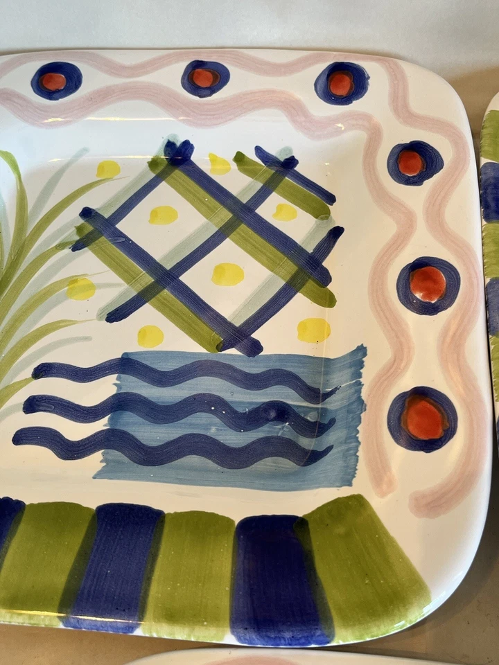 Platos de almuerzo La Primula Made it Italy garabatos puntos verde azul borde planta Foto 4 de 4