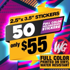 50 CUSTOM FULL COLOR HOLOGRAPHIC VINYL STICKERS 2.5in x 3.5in