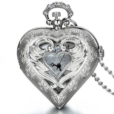 Vintage Women Girl Hollow Heart-Shape Pendant Necklace Chain Pocket Watch Gift