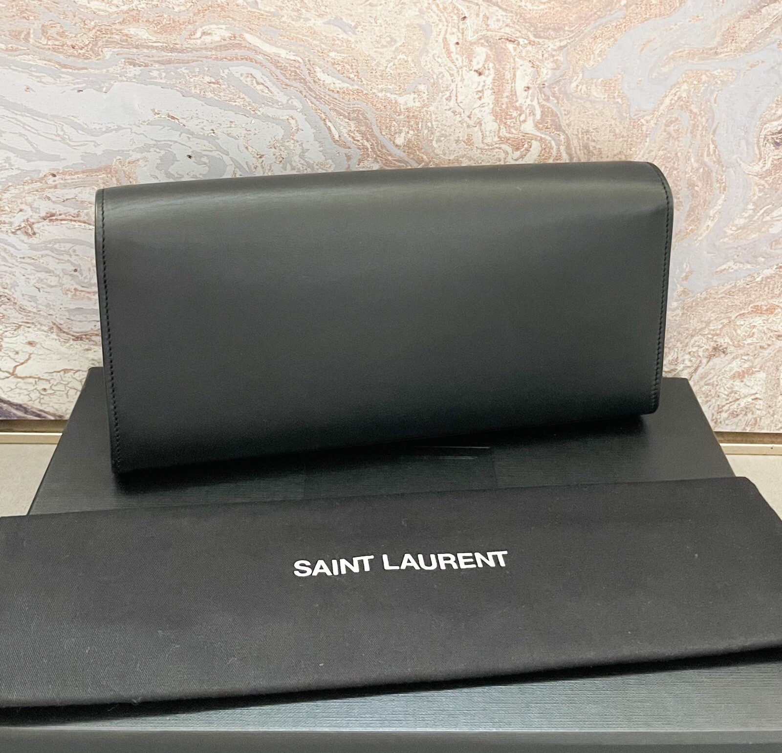 Saint Laurent Kate Crystal Monogram Grain De Poudre Black Leather Clutch image 3