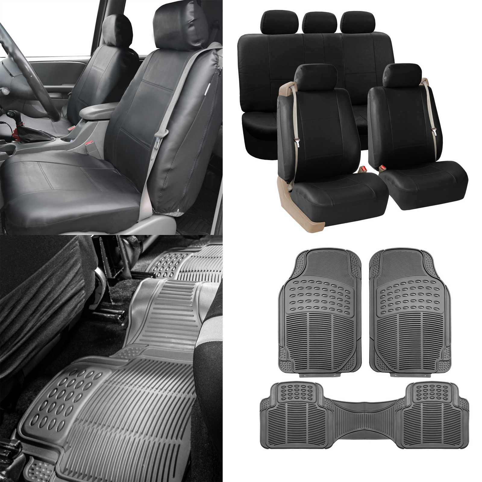 Black Integrated Seatbelt Seat Covers for Truck SUV w/ Gray Floor Mats