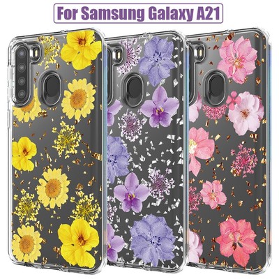 For Samsung Galaxy A21 Case TPU Bumper PC with Pressed Dried Flower Design
