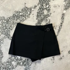 Open Edit Skort Womens Size Medium Black Asymmetrical Belted Stretch Faux Wrap