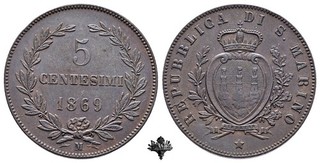 SAN MARINO 5 centesimi 1869 Vecchia monetazione