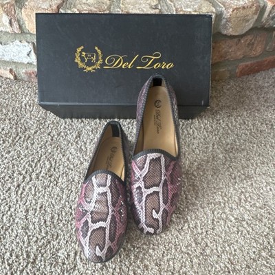 Del Toro Men's Snake Print Loafers Slip On Brown Pink Black Cotton Size 10.5
