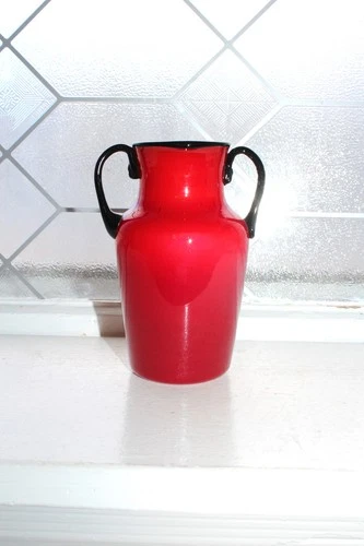 Vintage Fratelli Toso Murano Cased Glass Vase Red with Black Handles & Rim