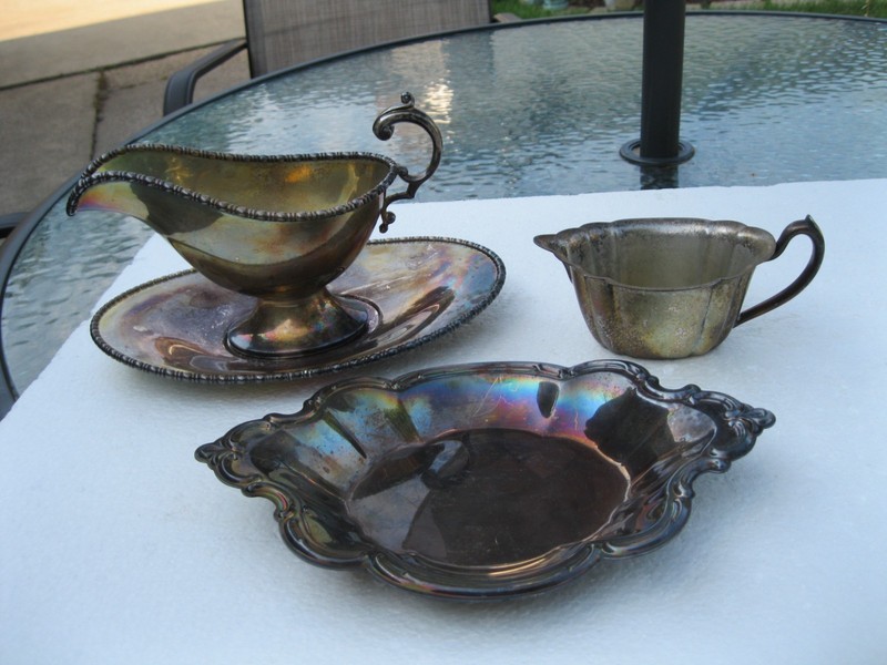 Vintage 4 pcs. silver plated gravy bowl--creamer--2 dishes