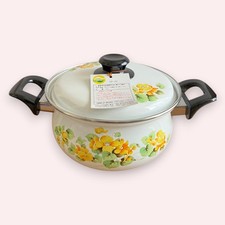 Vintage Sanko Ware Enamel Pot Yellow Floral Showa Retro Japan NOS 7.9"