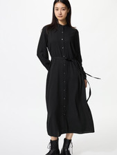 NWT Uniqlo Hana Tajima Women’s Satin Tucked V Neck Long Sleeve Black Dress - L