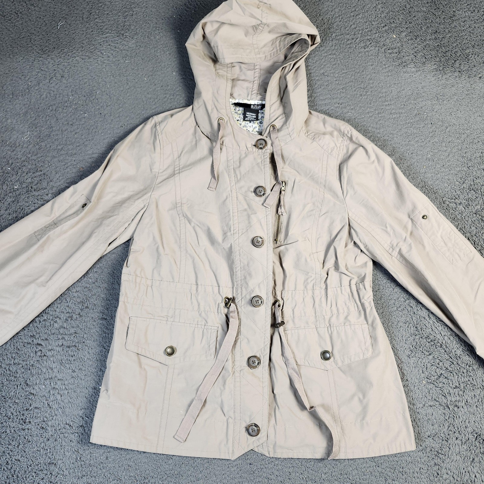 Anorak Jacket Womens Medium Beige Hooded Drawstring Waist Snap Pockets Utility