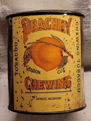 Empty Vintage Peachey Ribbon Cut Chewing Tobacco Can Nice Graphics 