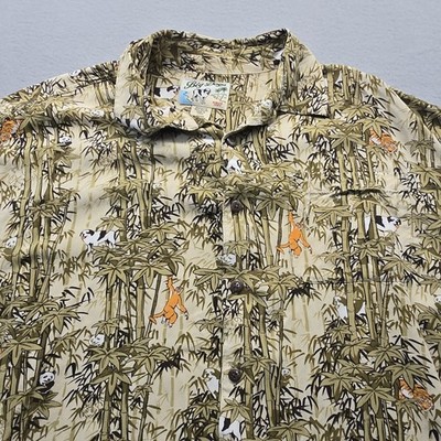 BIG DOGS Hawaiian Short Sleeve Shirt Jungle Monkeys Panda Bamboo, Size Large  