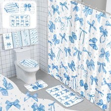 8 Pcs Blue Bow Shower Curtain Set Coquette Blue Bathroom Decor Aesthetic Bow ...