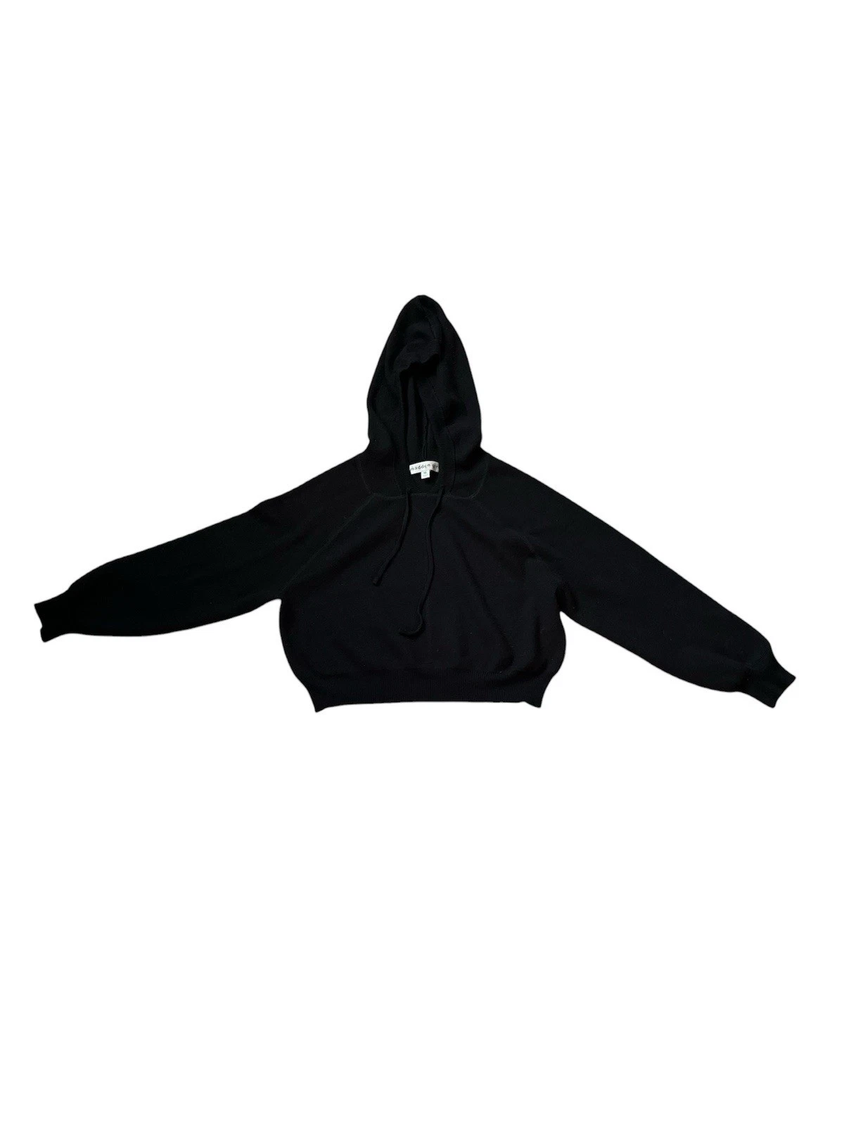 Madden Girl Women’s Black Cropped Knit Hoodie V-Neck Drawstring Size M