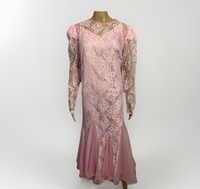 VTG 80s Pink Lace Long Sleeve Dress W Slip ILGWU Union Made USA 18.5 Puffy