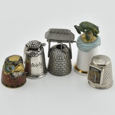 5x VTG Thimbles Silver Scenes Slow & Steady Pewter Wishing Well Cloisonne Bird
