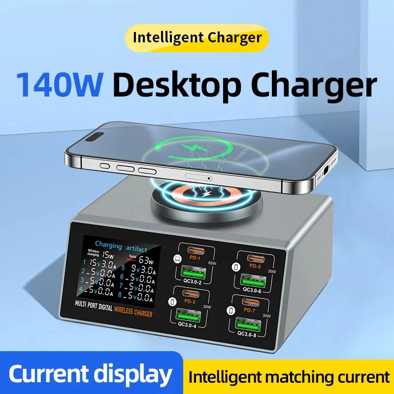 140W 8 Ports Multi USB Type C PD 65W Fast Charger Station With Wireless Charging - Image 2 of 4