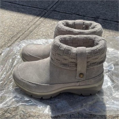 SKECHERS Easy Going Heighten Gray Suede Ankle Boots Knit Cuff Memory Foam