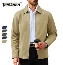 Men's Cotton Jacket Full Zip Work Jackets Lapel Windbreaker Casual Trench Coat