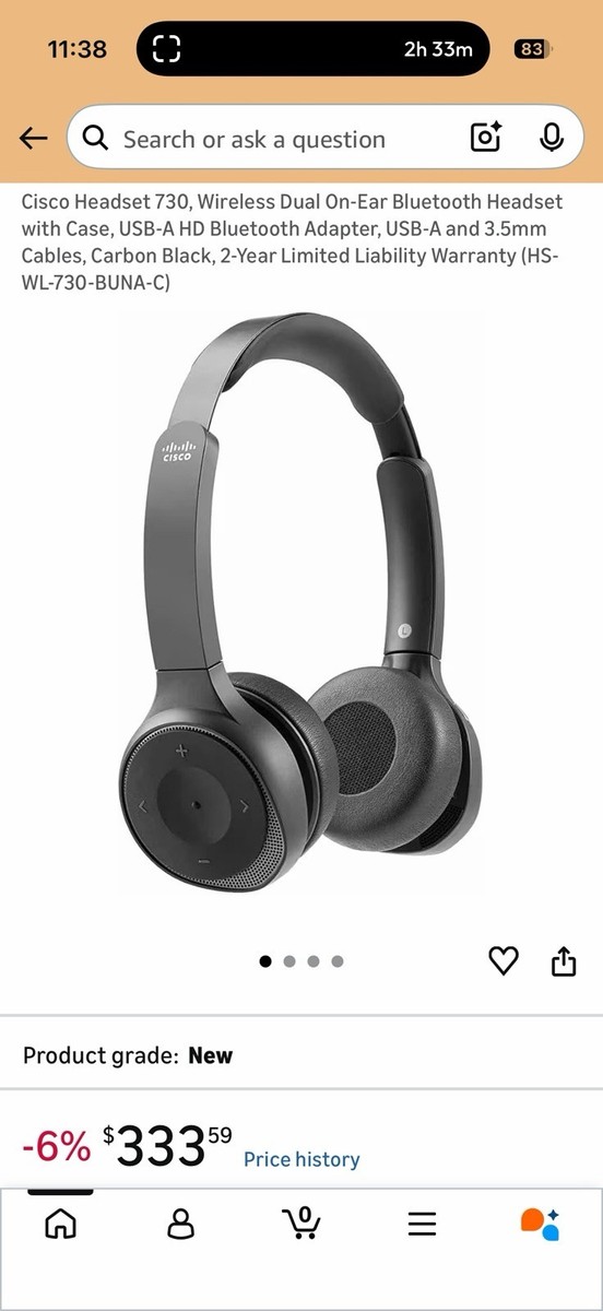 Cisco Headset 730 w/Charger stand, case, AUX chord, and USB/USB-C