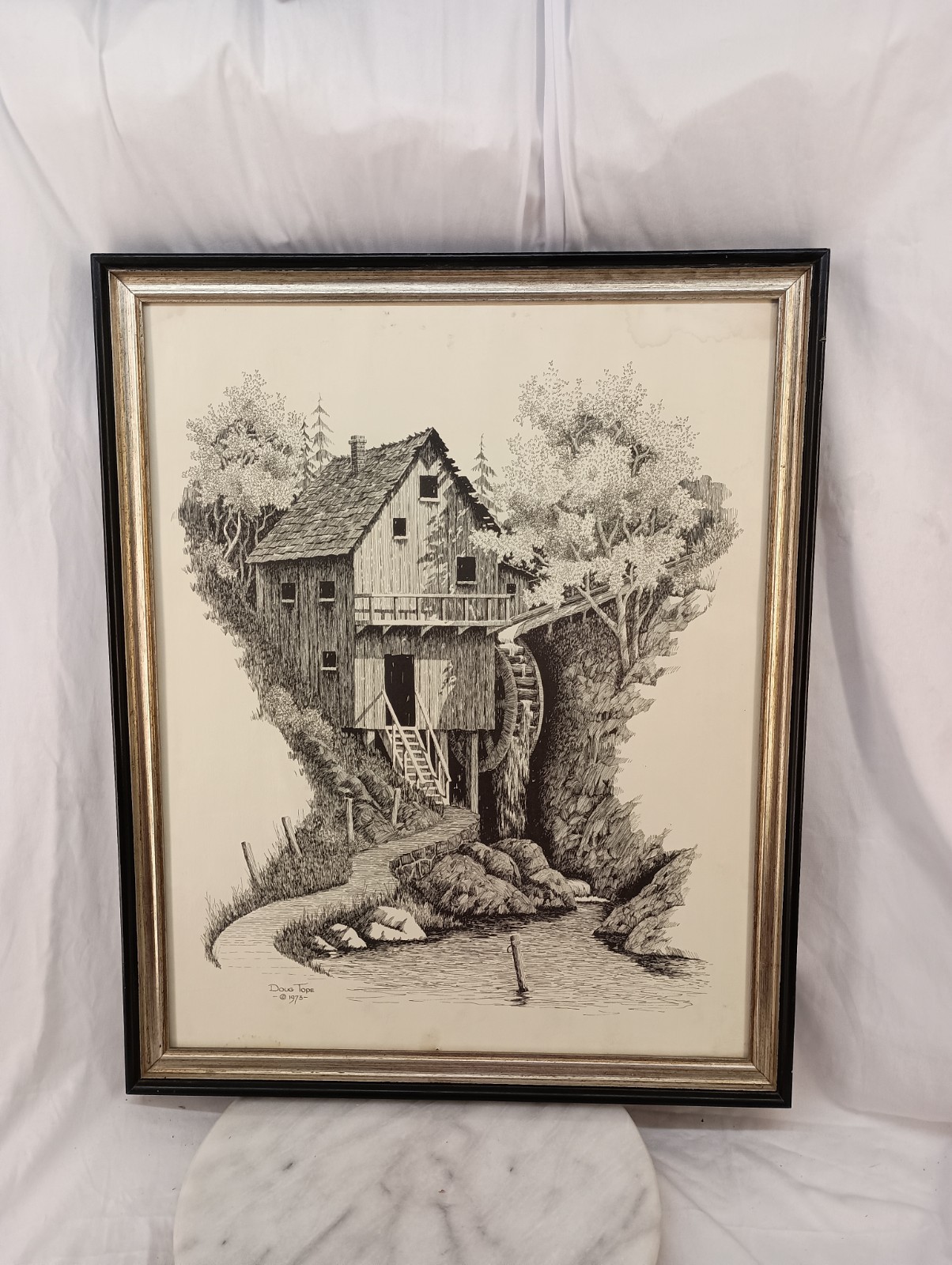 Vintage 1973 Doug Tope Line Drawing Print Mill Barn Pinwheel 18x22 Inch Framed