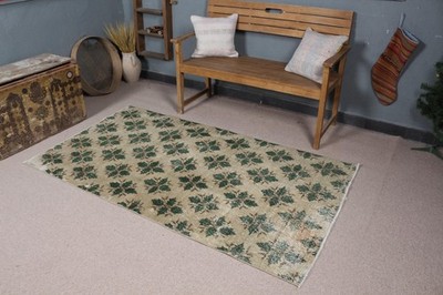 Vintage Turkish Rug, 3,7x6,6 ft Rug, Green Brown Oriental Wool Rug