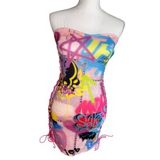 Fashion Nova Hot Pink Neon Graffiti Print LaceUp Mini Tube Dress Y2K HipHop Med