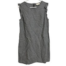 Cynthia Rowley Gingham Shift Dress Black White Linen Sleeveless Ruffle Small
