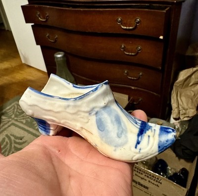 Pretty Antique Blue & White Fancy Ceramic Porcelain Shoe Dug Early 1900s Dump