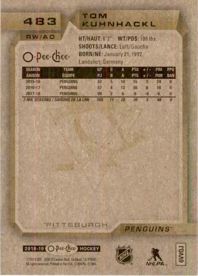 2018-19 O-Pee-Chee Tom Kuhnhackl #483 - Image 2 of 2