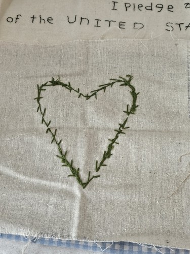 Primitive Early Look Sampler USA Pledge On Felt & Hearts On Cotton Folk Art - Picture 2 of 11