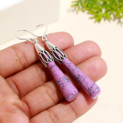 Purple Turquoise Gemstone 925 Sterling Silver Teardrops Dangle Earring Jewelry - Image 1 of 4