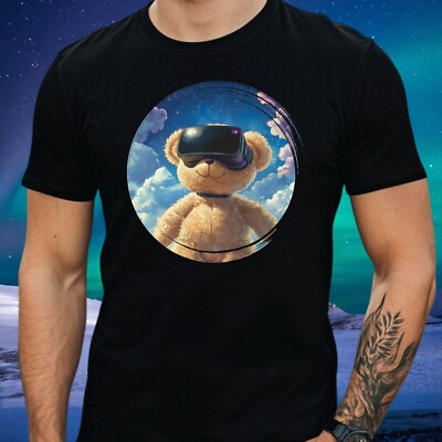 Mens Teddy Bear T-Shirt with VR Glasses Motif Cotton Size S to 5XL